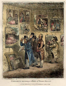 A genre print shows collectors examining an exhibit of works by George Morland, whose work was frequently reproduced in prints.