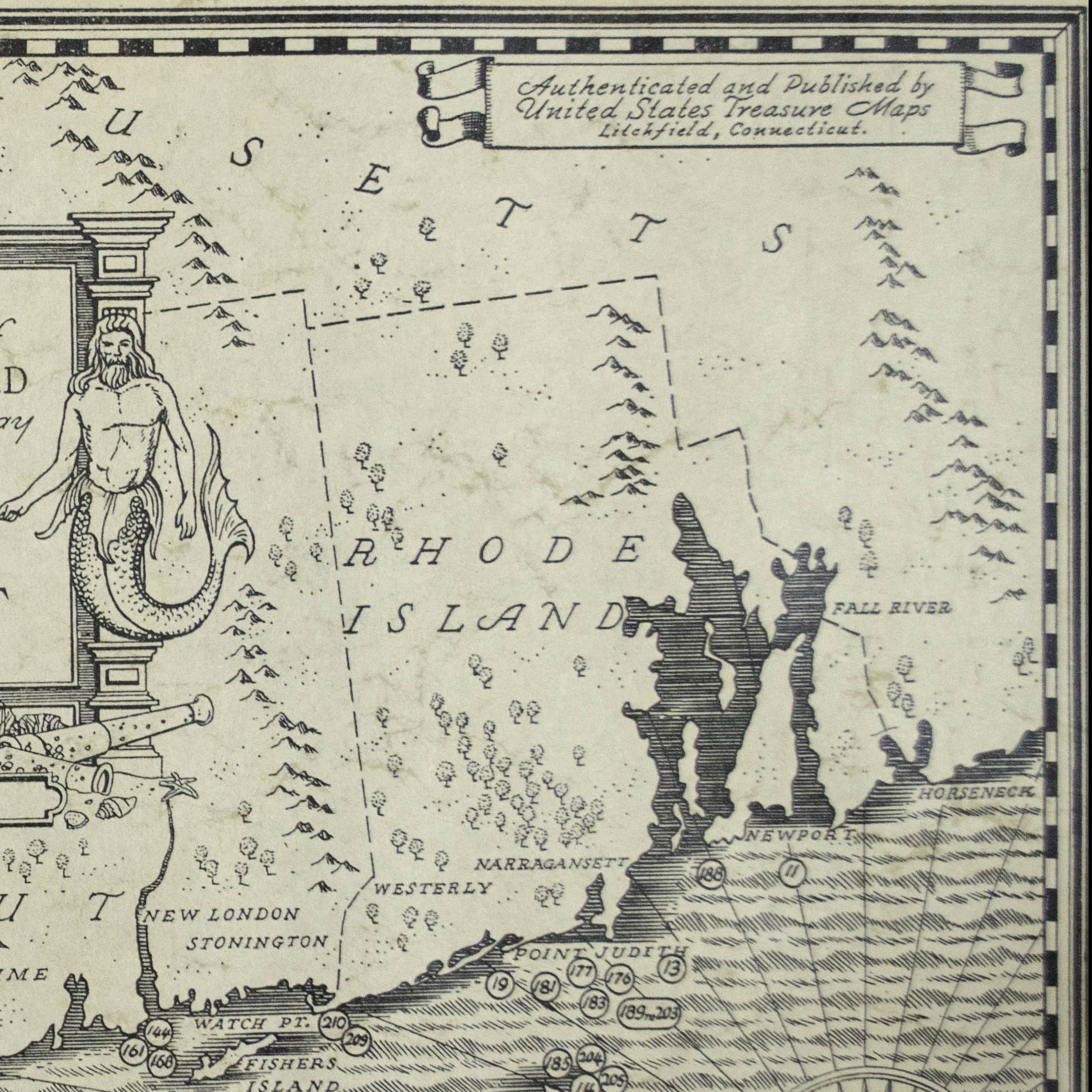 An Authentic Map of the Eastern Seaboard from Gloucester to Delaware Bay Showing Locations of Sunken Treasure, detail