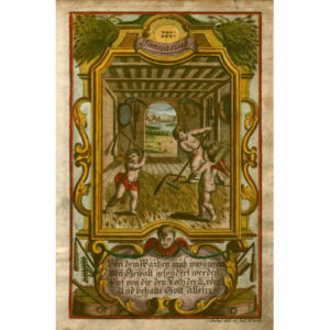 Januarius [January]. Three cherubs rake grain being stored for the winter.